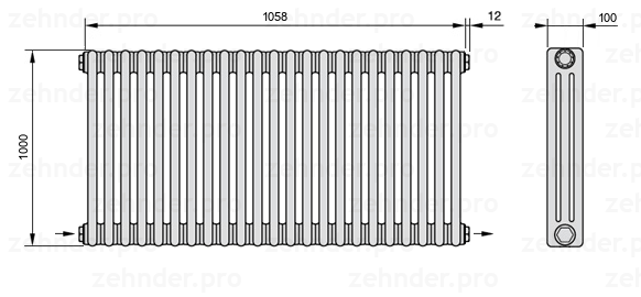 Схема (чертеж) Радиатор Zehnder Charleston 3100/23 №2670 Белый глянцевый RAL 9016